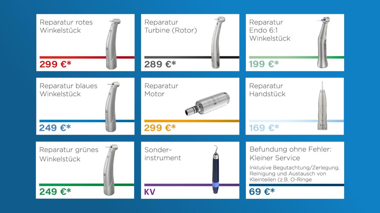 Reparatur von Winkelstücken, Turbinen, Motoren, Handstück, Sonderinstrumente