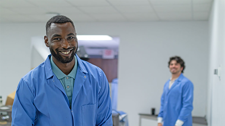 Técnicos de laboratorio sonriendo a la cámara